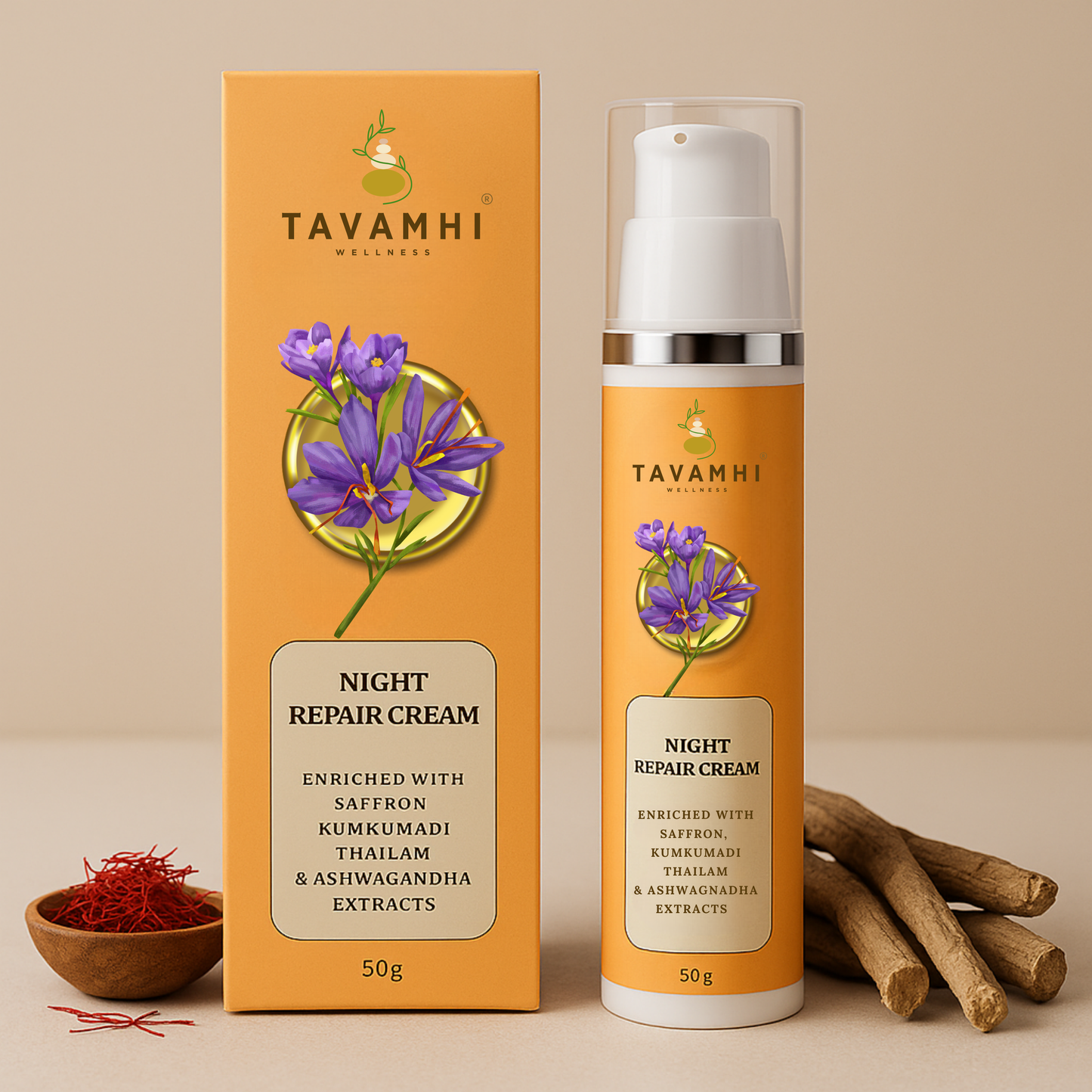 Night Repair Cream, Enriched with Saffron, Kumkumadi Thailam & Herbs, 50g