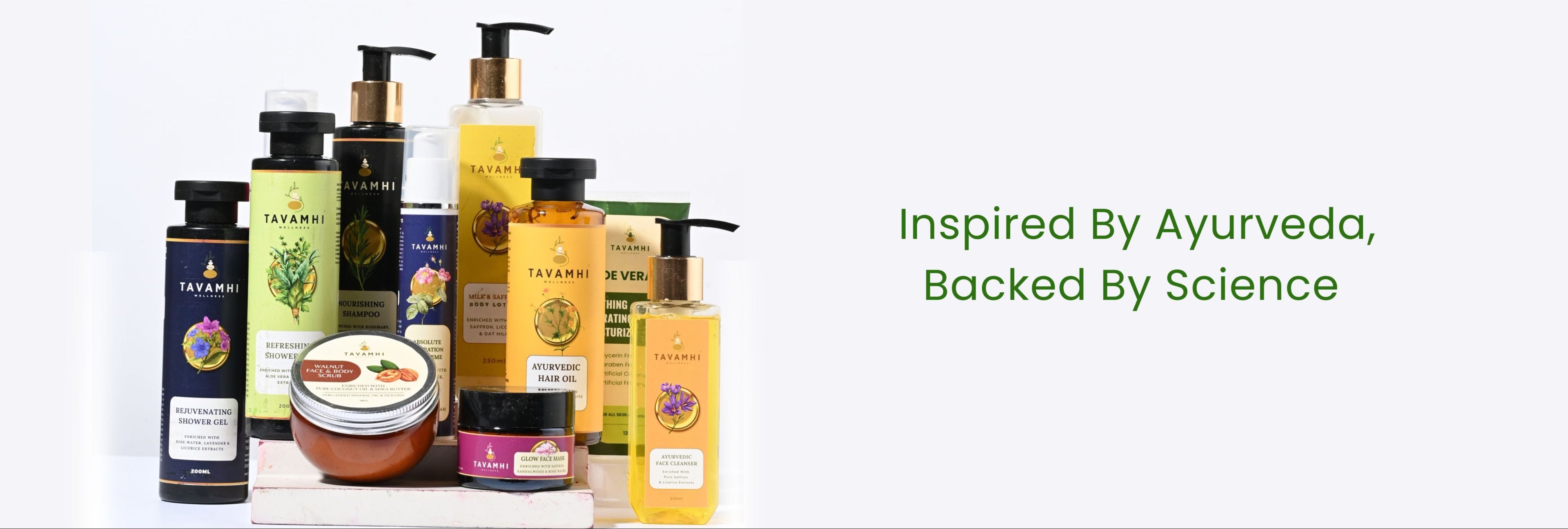 Assorted Ayurvedic products with text 'Inspired By Ayurveda, Backed By Science' on a white background