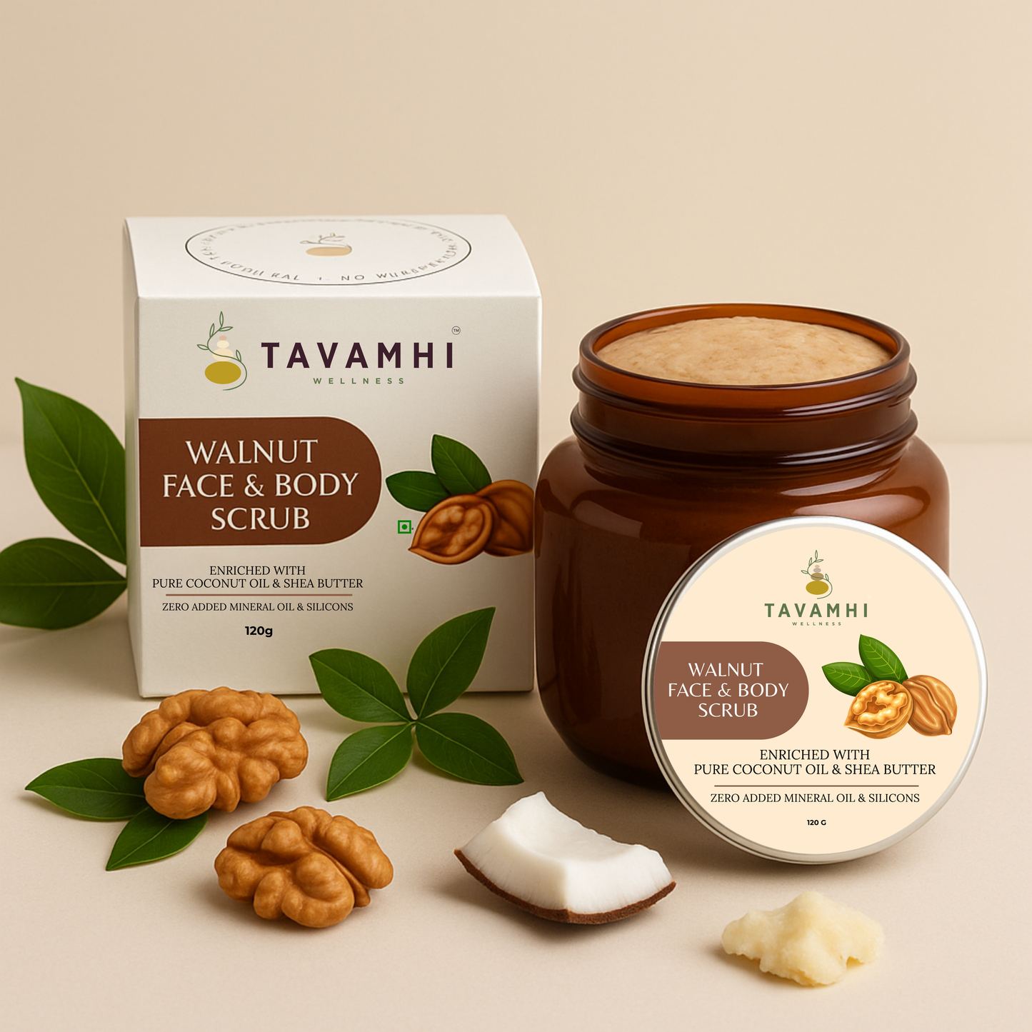 Walnut Scrub, For Face & Body , Enriched with Pure Coconut oil & Shea butter , 120g